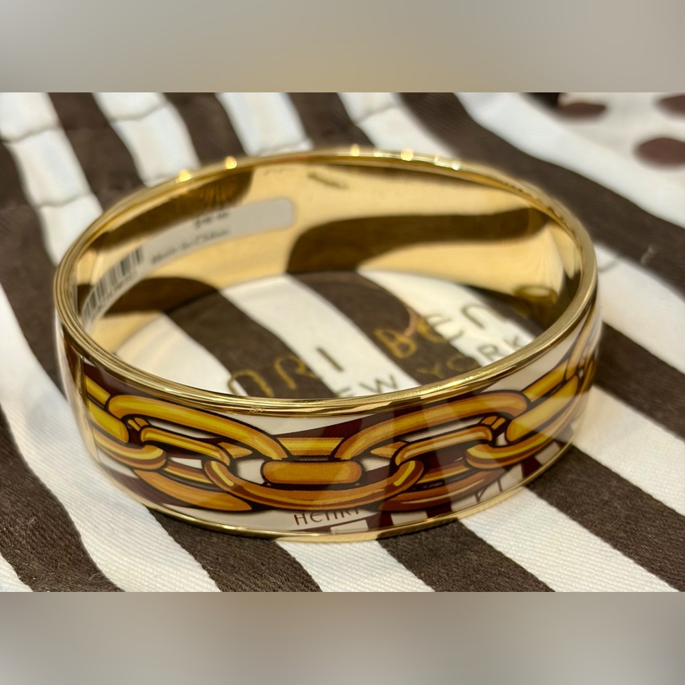 NWT RARE HENRI BENDEL Gold and Brown Enamel Chain-Print Bangle Bracelet/dust bag - Picture 7 of 9